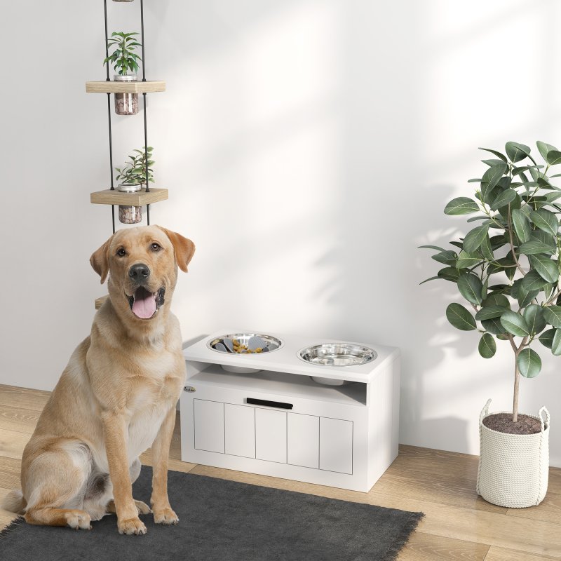 PawHut Raised Dog Bowl, Elevated Pet Bowls with Slow Feeder, Two Stainless Steel Bowls, Drawer, for Large & Extra Large Dogs, White