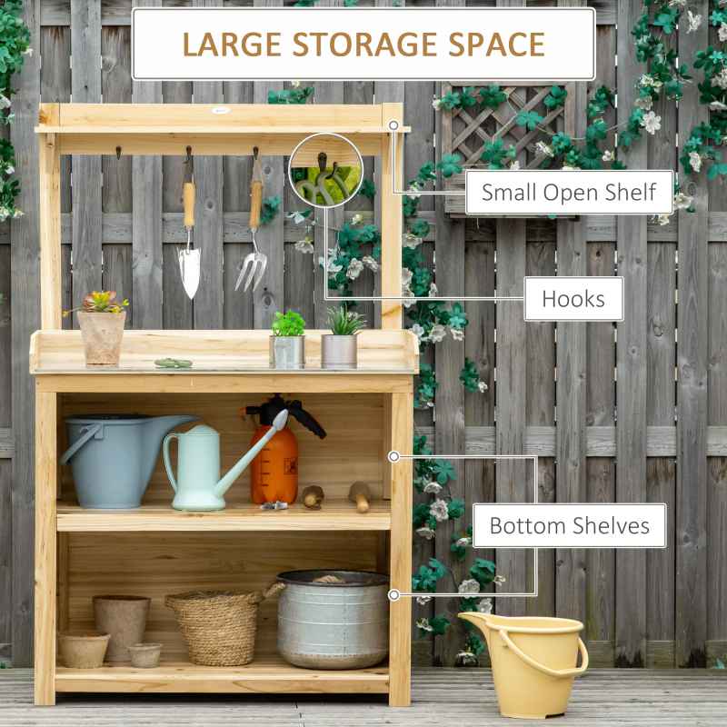 Outsunny Garden Potting Bench Table, Wooden Workstation Bench w/ Galvanized Metal Tabletop, Storage Shelves and Hooks for Patios, Courtyards, Balcony
