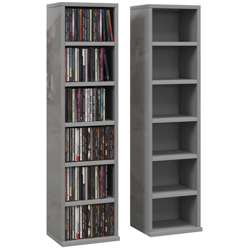 HOMCOM 204 CD Media Display Shelf Unit Set of 2 Blu-Ray Tower Rack w/ Adjustable Shelves Bookcase Storage Organiser, High Gloss Grey