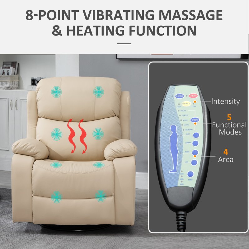 HOMCOM PU Leather Massage Recliner Chair with 8 Points and Heat, Manual Reclining Chair with Swivel Base, Footrest and Remote, Rocking Armchair, Beige