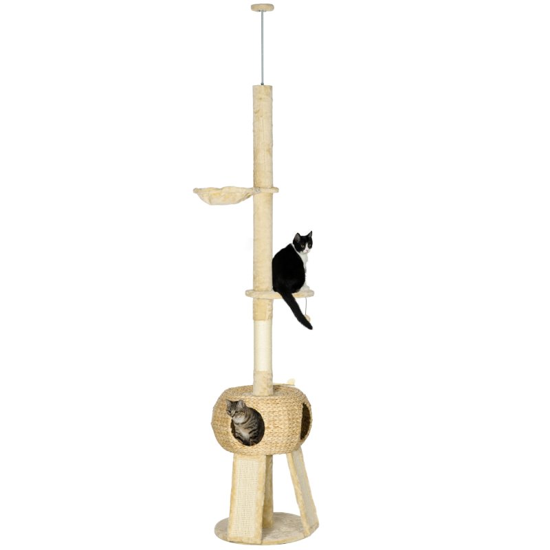 PawHut 255cm Cat Tree for Indoor Cats, Tall Cat Tower with Scratching Posts, Ramps, Hammock, Condo with Two Doors, Toy Balls, Platform, Beige