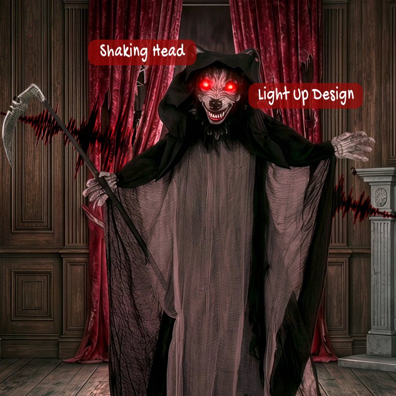 HOMCOM Halloween Animatronic Standing Werewolf Animated Decoration, Life-Size Halloween Animatronic with Light-Up Eyes, Sound and Touch Activated, Moving Head Prop for Haunted House Party
