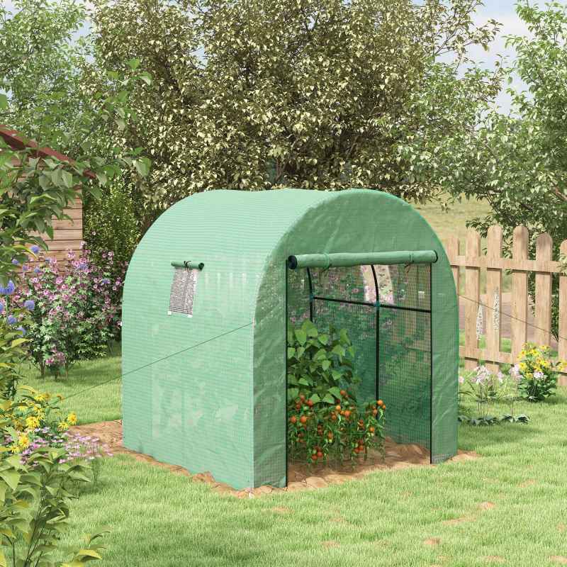 Outsunny 1.8 x 1.8 x 2m Polytunnel Greenhouse with Doors and Mesh Windows, Walk-in Grow House Tent with UV-resistant PE Cover and Steel Frame, Green