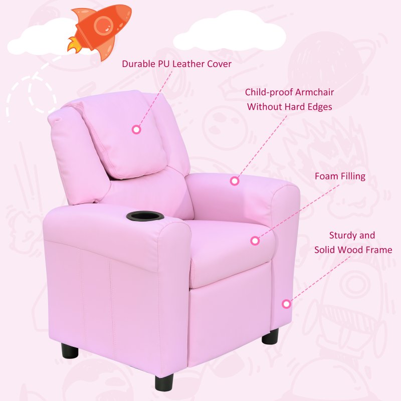 HOMCOM Kids Recliner, PU Leather Kids Armchair, Child Chair, Toddler Armchair with Adjustable Backrest, Footrest, Padded Headrest, Cup Holder, Pink