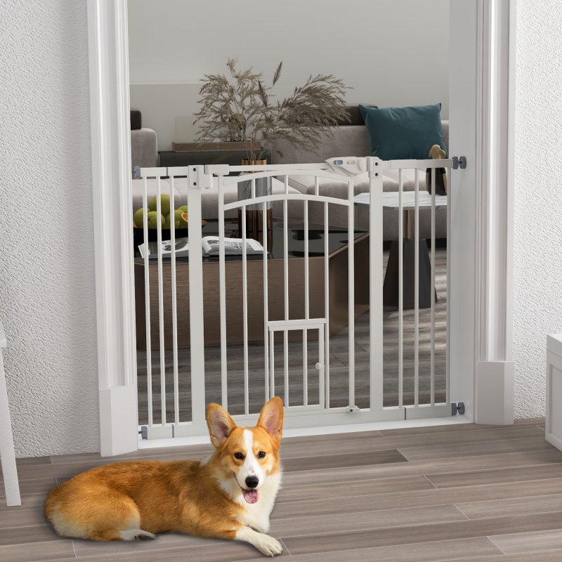 PawHut Dog Stair Gate Pet Barrier with Small Cat Door, Pressure Fit Safety Gate  with Auto Closing System, Double Locking, for Hallways, 74-100 cm Openings - White