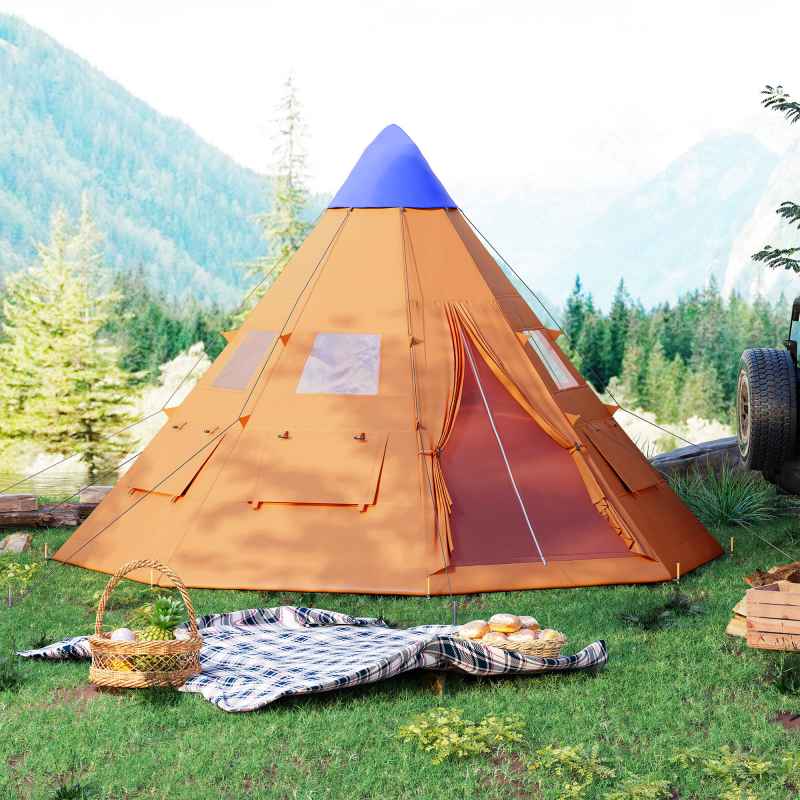 Outsunny 6 Men Tipi Tent, Camping Tent with Mesh Windows, Sewn-in Floor, Two Doors and Carry Bag, Easy Set Up, for Hiking Picnics Outdoor Night, Orange