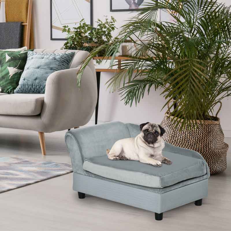PawHut Dog Sofa with Storage, Pet Chair for Small Dogs, Cat Couch with Soft Cushion, Light Grey, 76 x 45 x 43 cm