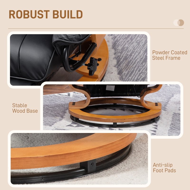 HOMCOM Manual Recliner Chair with Footrest, Upholstered Reclining Armchair with Adjustable Backrest and Steel Frame, PU Leather Swivel Chair for Living Room, Bedroom, Black