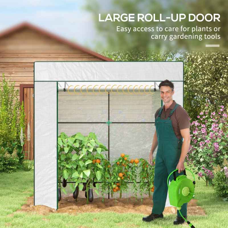 Outsunny Tomato Greenhouse with Reinforced PE Cover, Walk-in Garden Growhouse with Large Roll-up Door and 2 Mesh Windows, Portable Indoor Outdoor Green House, 196L x 77W x 178Hcm, White