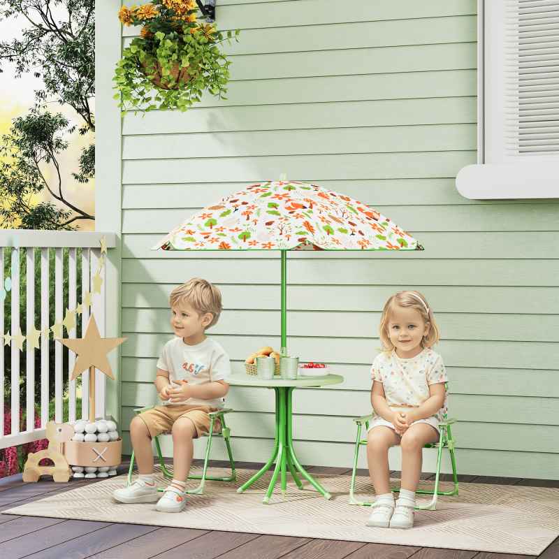 AIYAPLAY Children Table and Chair Set with Adjustable Parasol, 2 Folding Chairs, Picnic Table, Fox Pattern Outdoor Patio Set, for Ages 2-5 Years, Green