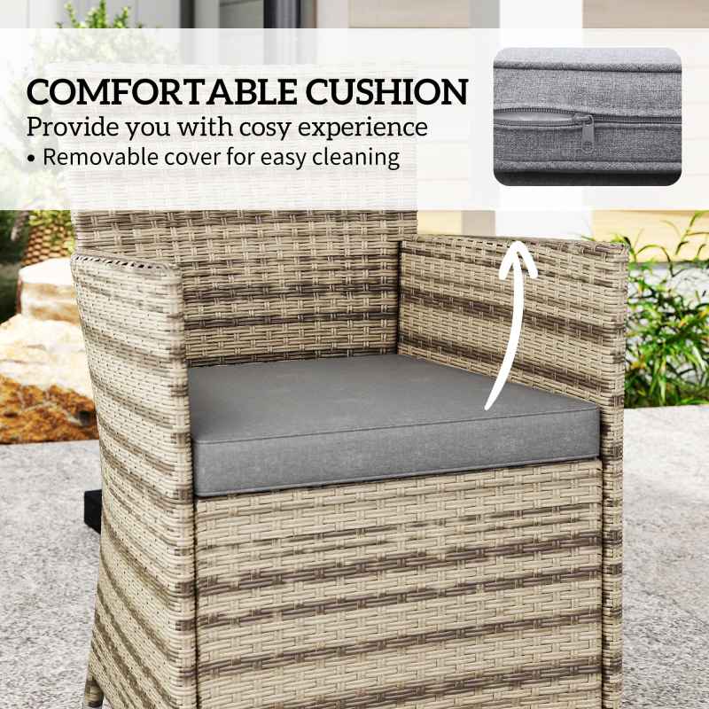 Outsunny 4 Seater Garden Dining Set with Cushions, Double Layer Table with Wood-like Slat Top, PE Rattan Garden Furniture Set, Outdoor Dining Table and Chairs for Patio, Balcony, Grey