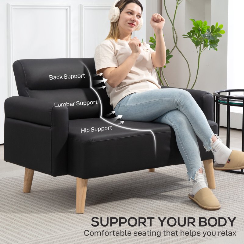 HOMCOM 2 Seater Sofa, Modern Faux Leather Couch Settee, Upholstered Small Sofa Loveseat with Wood Legs, Side Pocket for Living Room, Bedroom, Office, Black