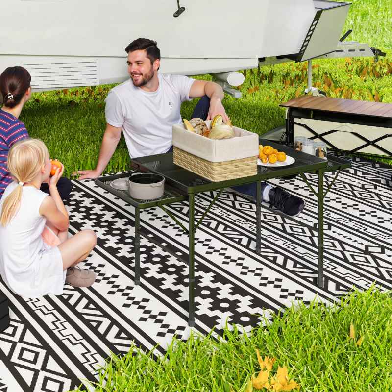 Outsunny Folding Grill Table, 4.5ft Portable Camping Table with 2 Wing Panels, Height Adjustable Metal Picnic Table for Camping, Picnic and BBQ, Black