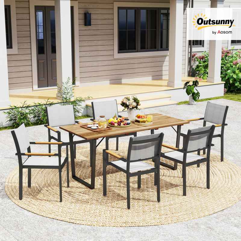 Outsunny Garden Table with Parasol Hole, 175 x 80 cm Rectangle Outdoor Dining Table for 6 with 5 cm Parasol Hole and Wood Slatted Top for Balcony, Terrace, Brown