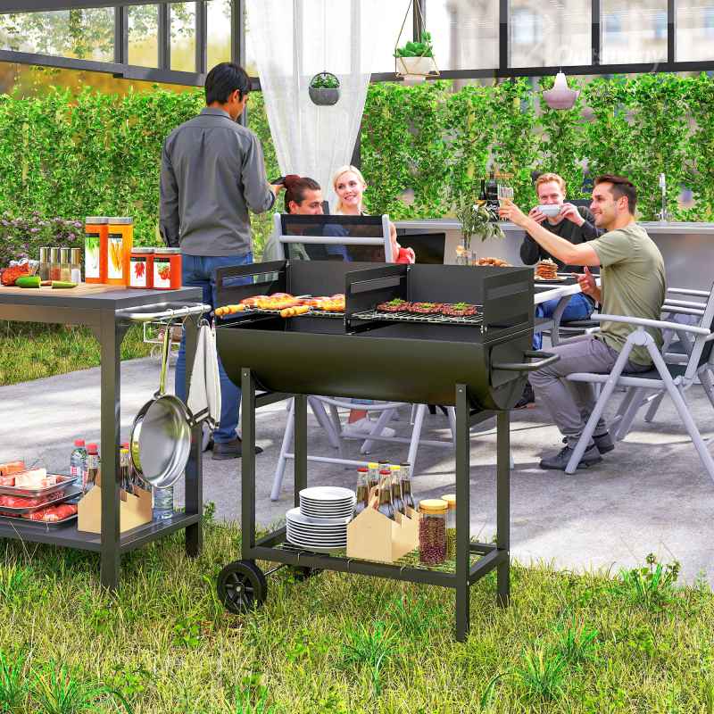 Outsunny Trolley Charcoal BBQ Barbecue Grill Cooker with 3-Level Adjustable Height Grill Nets, Patio Outdoor Garden Heating Heat Smoker with Wheels, 90 x 45 x 96 cm, Black