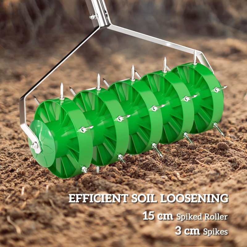 Outsunny Rolling Lawn Aerator, Manual Grass Spike Roller, Heavy Duty Garden Aerator with 3 Piece Detachable Handle and T-bar Grip, Outdoor Garden Lawn Tool, Dark Green