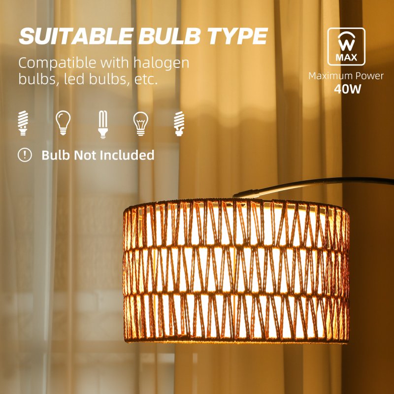 HOMCOM Rattan Floor Lamp for Living Room, Farmhouse Arc Standing Lamp with Dual-Layer Shade & Foot Switch, Height Adjustable Minimalist Tall Pole Lampshade for Bedroom, Office, Black