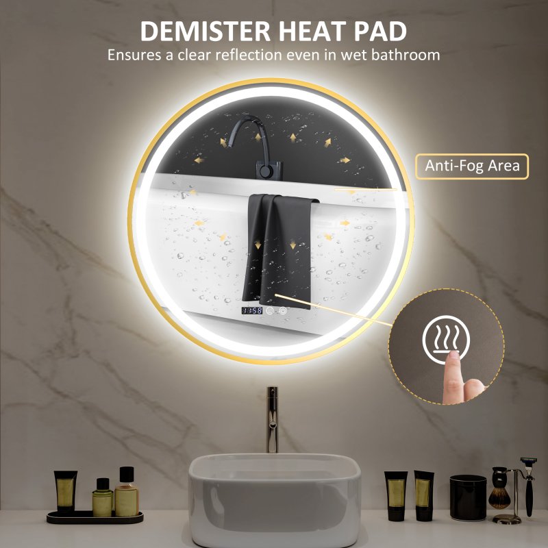 HOMCOM 600mm Round Bathroom Mirror with LED Lights, Wall Mounted Backlit Illuminated Bathroom Mirror with Demister, 3 Colours Dimmable, Memory Function, Touch Switch, Time and Temp Display, Gold Tone