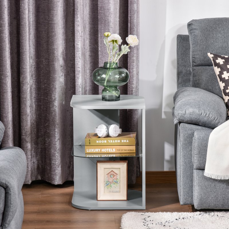 HOMCOM Modern Side Table Three Layer Bedside Table Nightstand with 2 Storage Shelves, for Living room, Bedroom