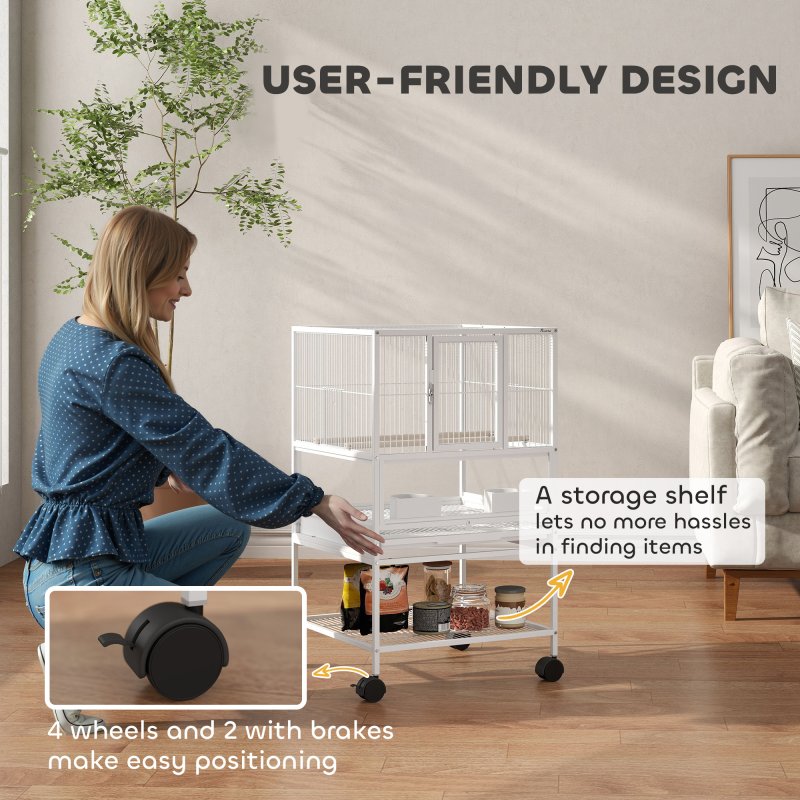 Pawhut Bird Cage, Metal Parrot Cage with Rolling Stand Wheels, Acrylic Viewing Panels, Storage Shelf, Slide-out Tray, Perches, Feeders, for Budgie, Parakeet, Canary, Finch, White, 48 x 46 x 83 cm