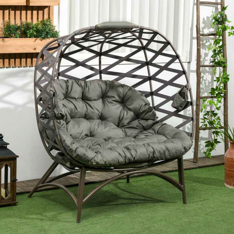 Outsunny Egg Chair Outdoor, 2 Seater Folding Weave Garden Furniture Chair with Cushion, Cup Pockets for Patio Balcony - Sand Brown