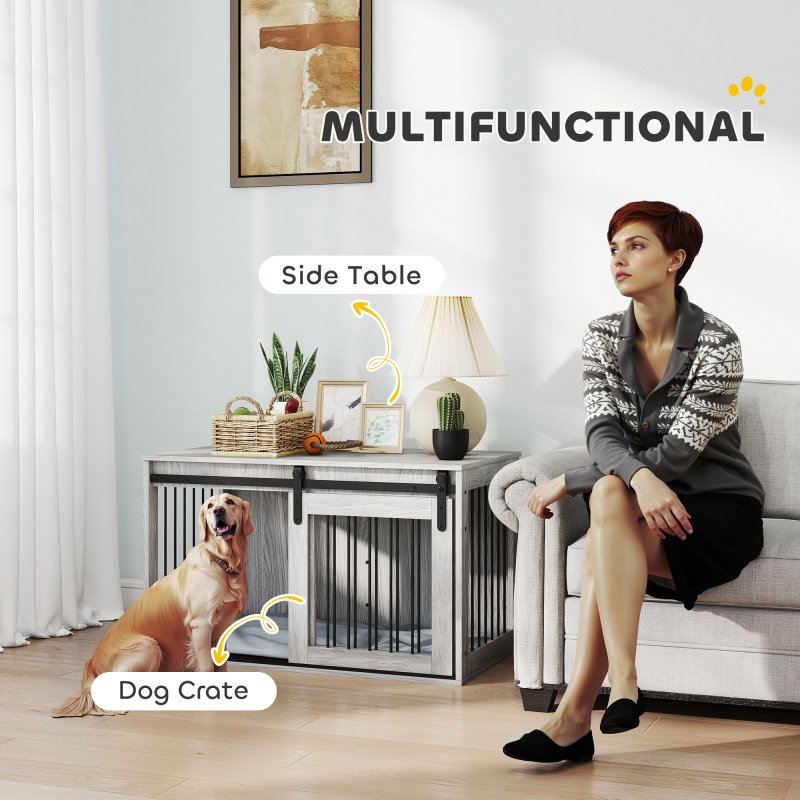 PawHut Dog Crate Furniture, Dog House Furniture Style for Large Breeds, Pet Kennel with Removable Cushion for Indoor Use, 98 x 58 x 61cm, Grey