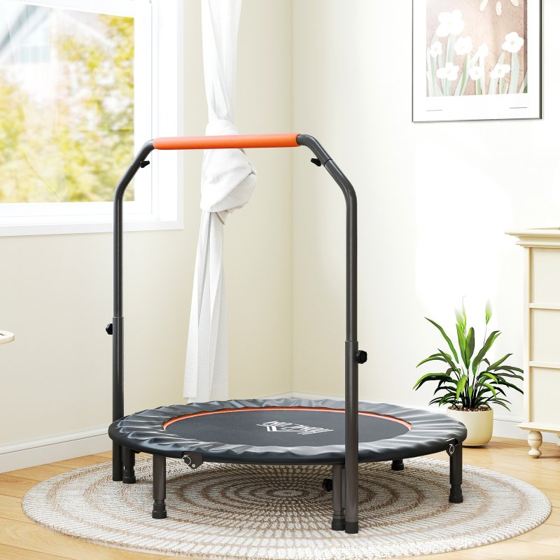 HOMCOM 48" Foldable Mini Trampoline Fitness Trampoline Rebounder for Adults with Adjustable Foam Handle, for Indoors, Outdoors, Cardio Training, Orange