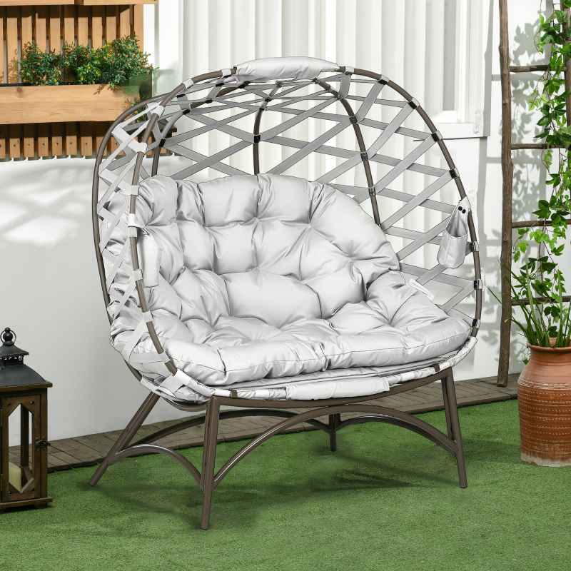 Outsunny Egg Chair Outdoor, 2 Seater Folding Weave Garden Furniture Chair with Cushion, Cup Pockets for Patio Balcony - Light Grey