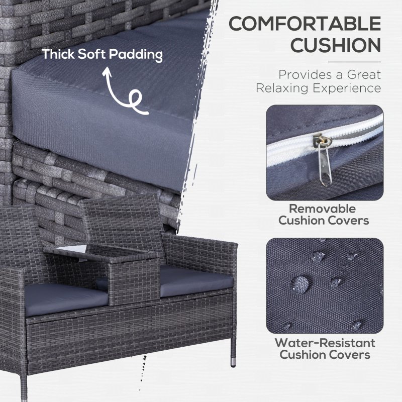 Outsunny 2 Seater Rattan Sofa with Cushions, Wicker Garden Loveseat with Armrests, Outdoor Garden Sofa Couch with Metal Frame for Patio, Mixed Grey