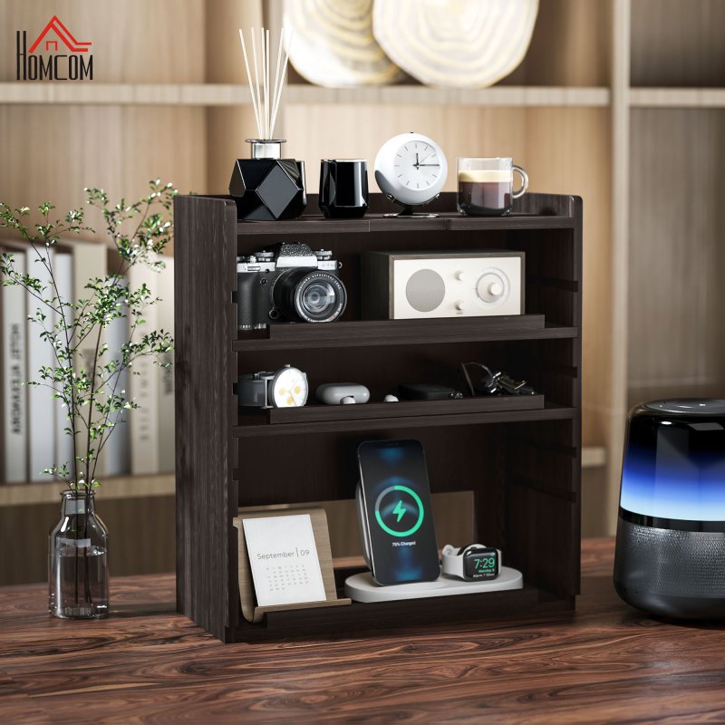 HOMCOM 4-Tier Desk Organiser, Multifunctional Assembled Desktop Organiser with Adjustable Shelves and Cable Management for Stationery, Office Supplies, Paper, Dark Brown