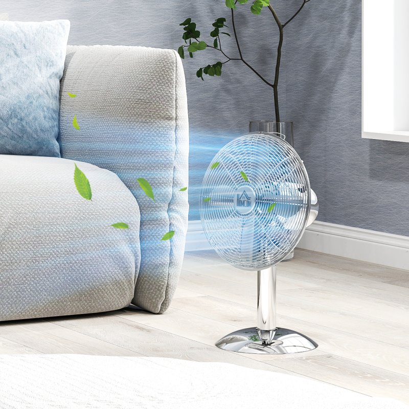 HOMCOM 12" Metal Desk Fan with 3 Speed Settings, Wide-Angled Oscillation, Adjustable Tilt, Portable Table Fan for Bedroom or Home Office, Silver Tone