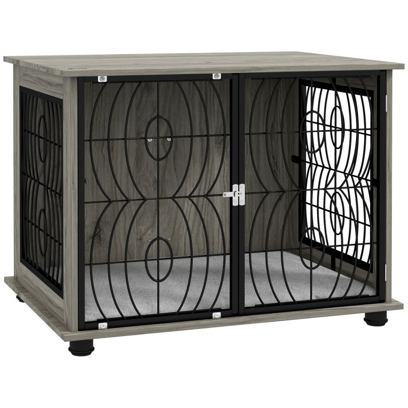 PawHut Dog Crate Furniture, Dog Cage End Table with Large Top, Soft Washable Cushion, Lockable Front Door, Wire Mesh Ventilation, Indoor Pet Crate for Medium Sized, 80 x 56 x 63cm - Grey wood effect