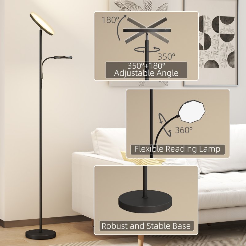 HOMCOM LED Floor Lamp for Living Room, Stepless Dimmable Standing Lamp, Mother and Child Uplighter with Reading Light, 4 Scene Modes, 2700K-6500K Colour Temps, 4 Brightness Levels, Remote Control