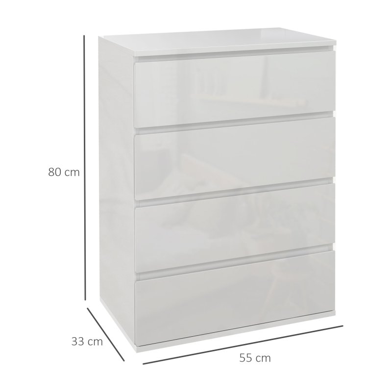 HOMCOM High Gloss Chest of Drawers, Modern 4 Drawer Dresser with Soft Closing Mechanism for Bedroom, White