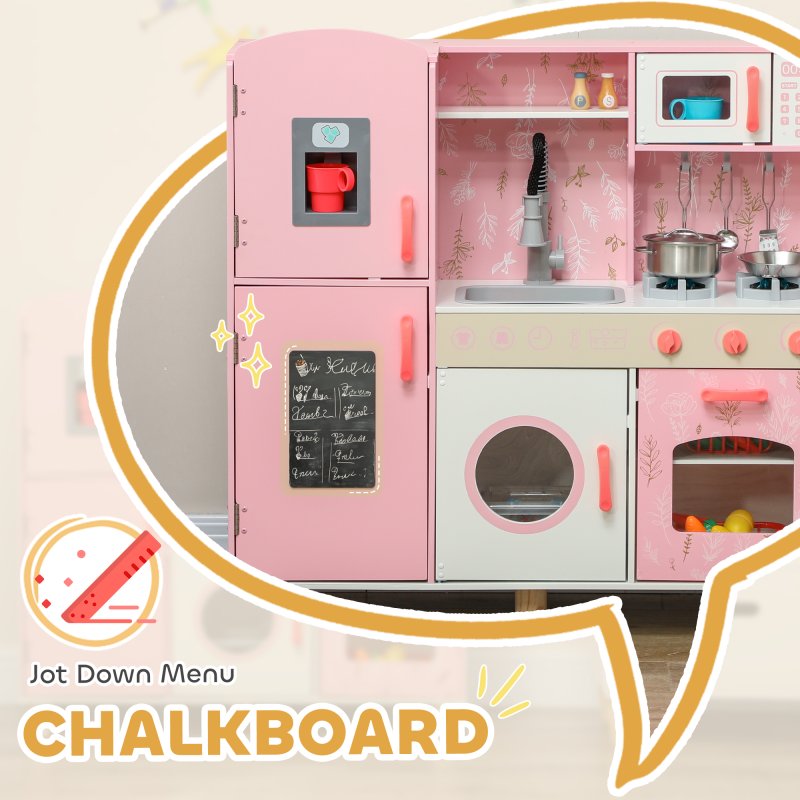 AIYAPLAY Toy Kitchen, Pretend Role Play Kitchen, Kids Kitchen Set with Lights and Sounds, Double Stoves, Ice Maker, Chalkboard, Microwave, Oven, Sink, 5 Accessories, for 3+ Years, Pink
