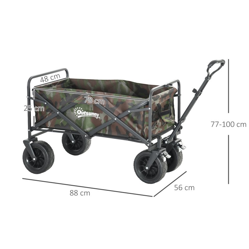 Outsunny 100KG Festival Trolley on Wheels, Folding Camping Trolley Cart with Telescopic Handle, Carry Bag and All-Terrain Big Wheels, for Garden Beach Fishing, Camouflage