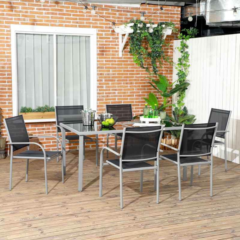 Outsunny 7 Piece Garden Dining Set, Outdoor Table and 6 Stackable Chairs, Steel Frame, Tempered Glass Top Table, Mesh Seats, Black