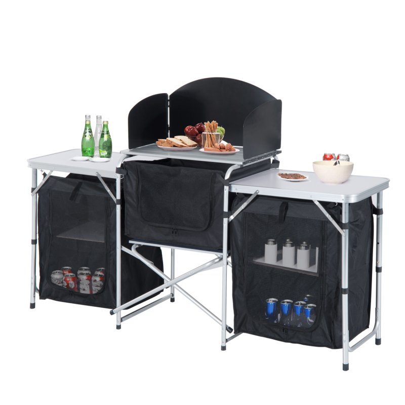 Outsunny Portable Camping Kitchen with Aluminium Frame, Fold-Up Cooking Table With Windscreen and 3 Enclosed Cupboards for BBQ, Party, Picnic, Black
