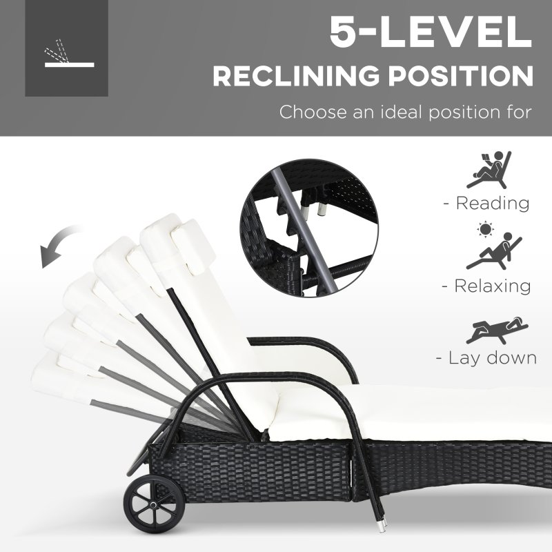 Outsunny 3 Pieces PE Rattan Patio Lounge Chair Set, Outdoor Recliner Lounge Chairs with Wheels, for Outside with Cushions, Headrest, Coffee Table for Garden, Poolside, Black