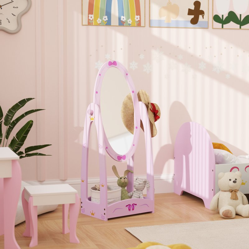 AIYAPLAY Kids Mirror Full Length with Storage Shelf, 360?? Rotating Standing Mirror for Bedroom, Kids Room, Nursery Room, Pink