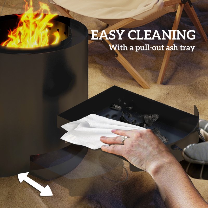 Outsunny Outdoor Round Fire Pit with Ash Tray, Wood Burning Firepit with Fire Poker for Patio Bonfire BBQ Camping, Black