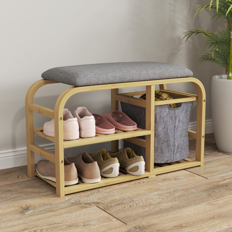 HOMCOM Bamboo Shoe Bench with Cushion, Shoe Rack Bench with 2 Slatted Shelves and Pull-Out Fabric Basket for Hallway, Entryway, Living Room, Nature Wood Finish