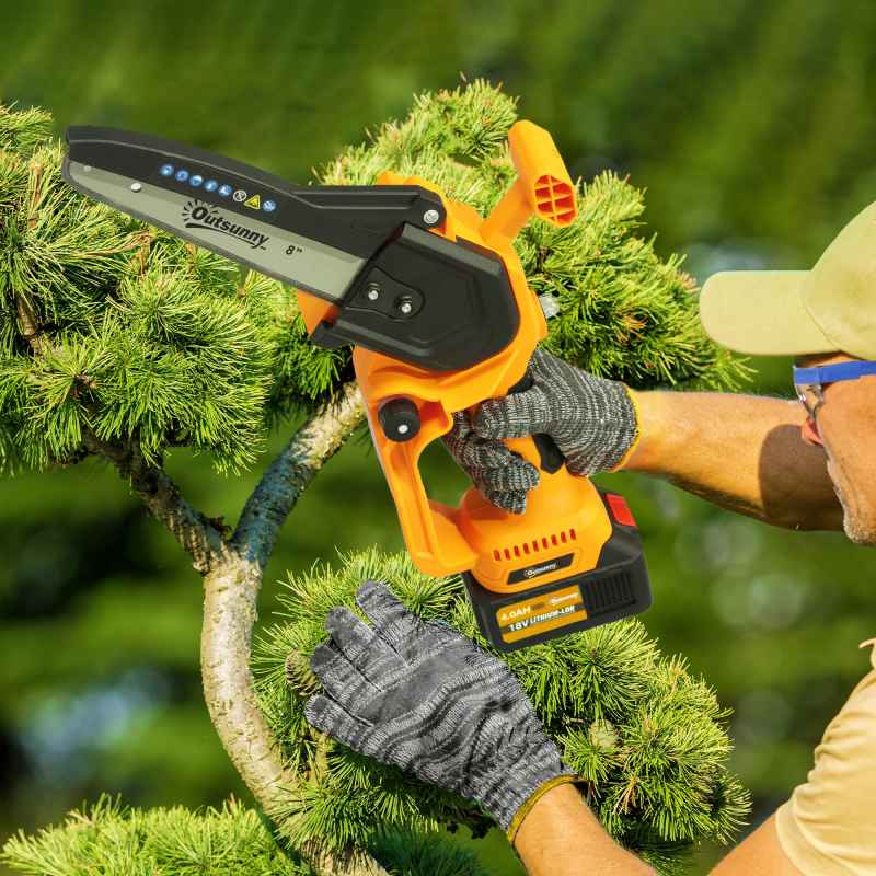 Outsunny 8 Inch Electric Chainsaw, Cordless Mini Chain Saw with Brushless Motor, 2 x 4000mAh Batteries and Safety Lock, Handheld Portable Wood Pruning Saw for Trimming Cutting, Orange