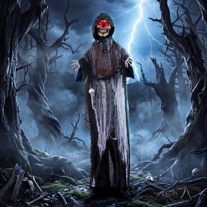 HOMCOM 170cm Animated Halloween Grim Reaper, Life-Size Halloween Animatronics with Moving Hands/Head, Glowing Eyes, Creepy Sound, Touch/Sound Activated for Covered Outdoor Yard