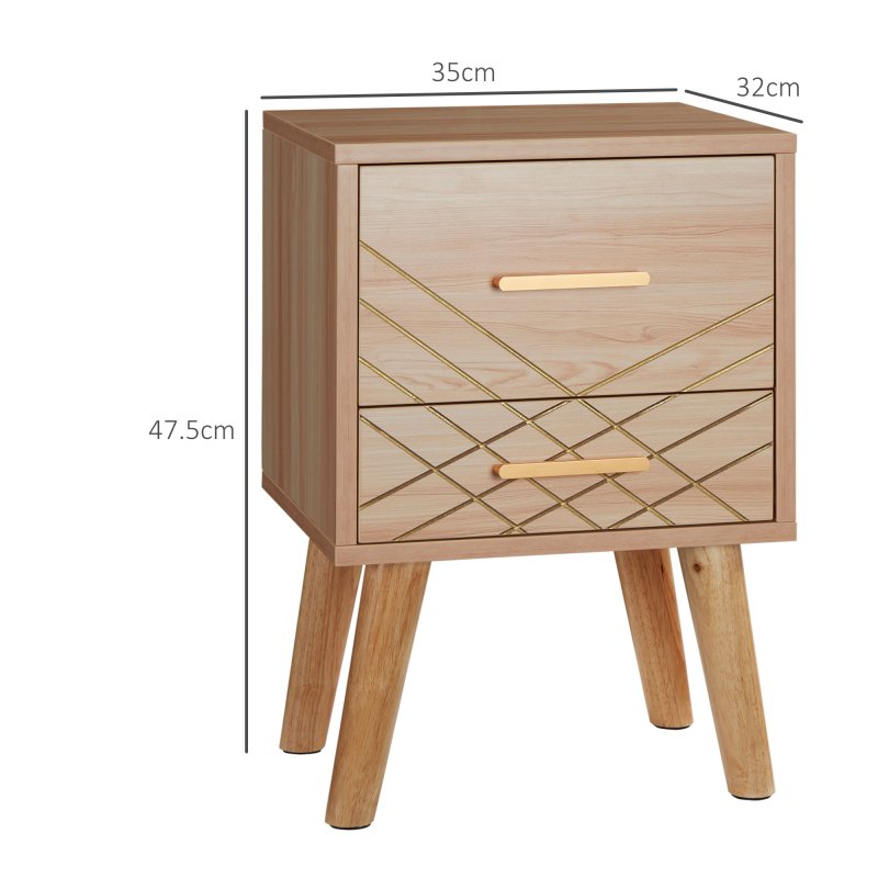 HOMCOM Bedside Table, Bedside Cabinet with 2 Drawers, Nordic Side Table with Wood Legs, Nightstand for Bedroom, Natural
