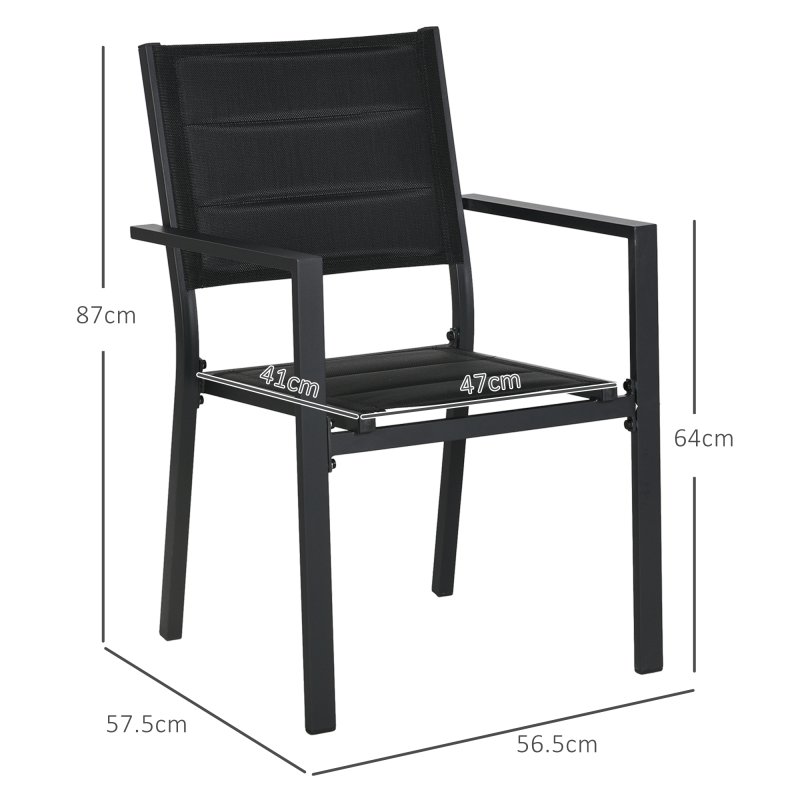 Outsunny 2 Pieces Garden Dining Chairs, Aluminium Outdoor Armchair for 2 with Breathable Mesh Fabric, Stackable Design, Black