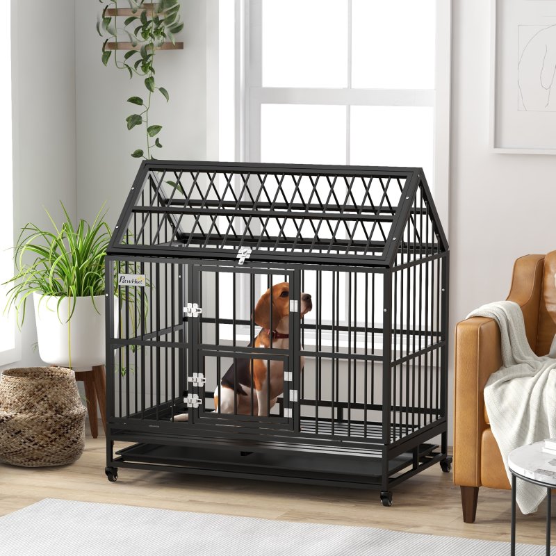 PawHut 48" Heavy Duty Dog Crate, Indoor Outdoor Dog Cage on Wheels with Locks, Removable Tray, Openable Top, 2 Doors, for Large and Extra Large Dog - Black