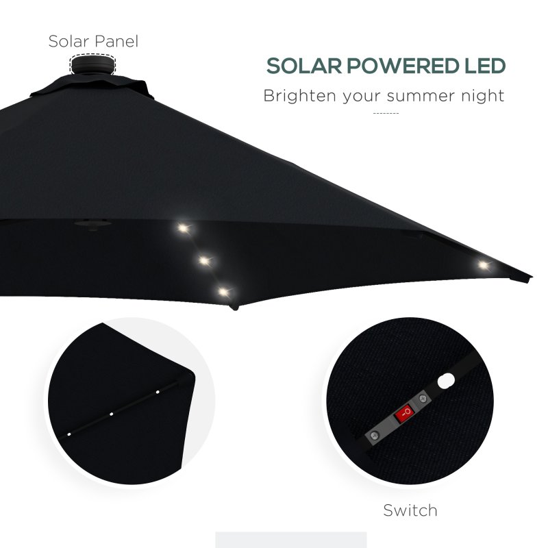 Outsunny 3(m) Cantilever Parasol with Solar LED and Easy Lever, Garden Parasol Umbrella with Cross Base and Waterproof Cover, Outdoor Sun Shades, Black