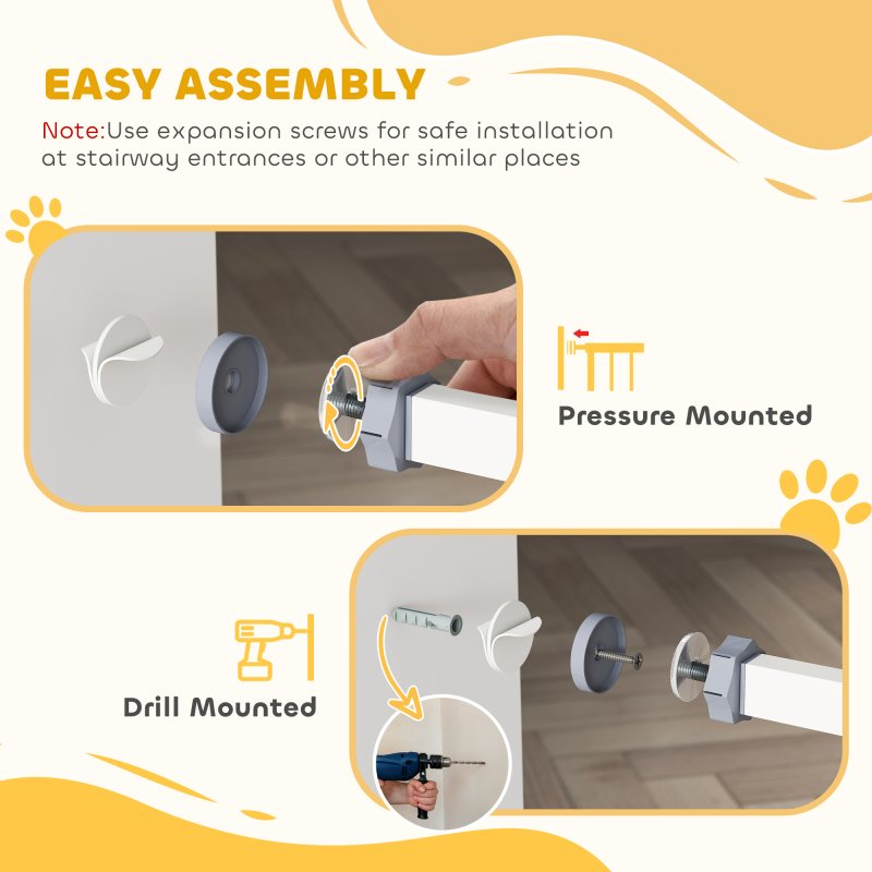 PawHut Pressure Fit Safety Gate for Doorways and Staircases, Dog Gate with Auto Closing Door, Pet Barrier for Hallways with Double Locking, Openings 74-80cm - White