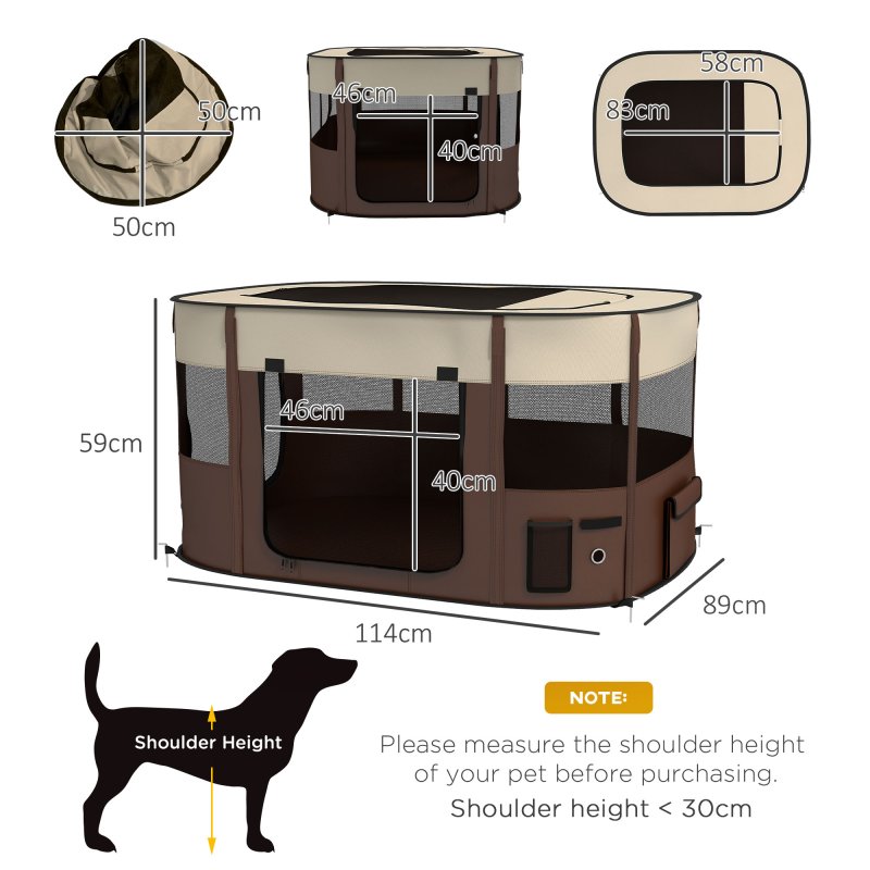 PawHut Dog Pen, Pet Playpen, Portable Foldable Dog Cat Playpen Soft Pet Cage with Storage Bag for Puppies, Rabbits, Kittens, Guinea Pigs, 114 x 89 x 59cm - Brown
